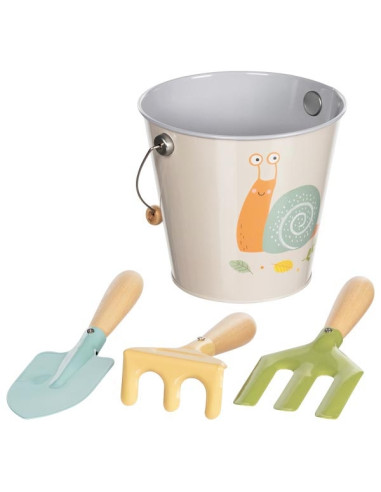 Bucket with garden tools, snail design